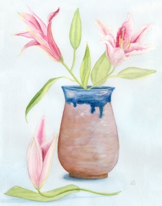 Lilies in clay vase